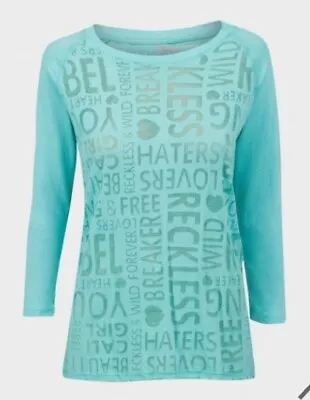 Buy NRG Ladies Multi Slogan 3/4 Raglan Sleeve Top - AQUAMARINE • 7.99£