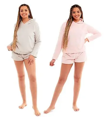Buy Womens Hooded Top & Shorts Pyjama Set Soft Fleece Lounge Set Fluffy Pyjamas • 6.95£