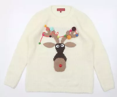 Buy NEXT Womens White Round Neck Acrylic Pullover Jumper Size 14 - Reindeer Christma • 6.75£