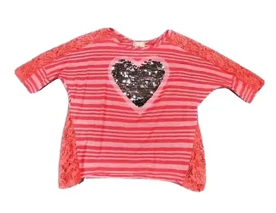 Buy Jenna & Jessie Girl's Short Sleeve Pink White Stripe Reverse Sequin Lace Trim 10 • 3.14£