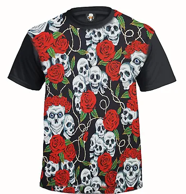 Buy SKULL & ROSES Sublimation T-Shirt/Tattoo/Rockabilly/Biker/Goth/Metal/Gift/Top • 12.99£
