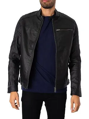 Buy Jack & Jones Men's Rocky Leather Jacket, Black • 46.95£