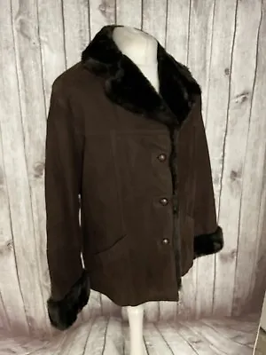 Buy Vintage M&S St Michael Brown Suede Leather Faux Fur Coat Jacket Retro Size 14 • 23.50£