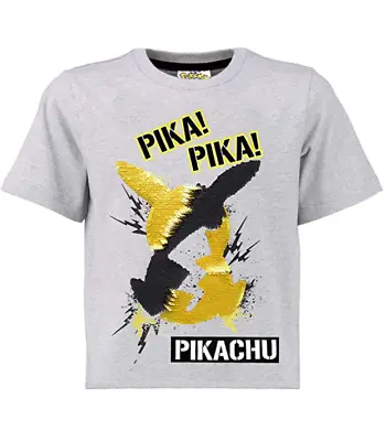 Buy Pokemon Pikachu Top Boys Reversible Sequins T-Shirt F&F Kids Grey Short Sleeve • 7.99£