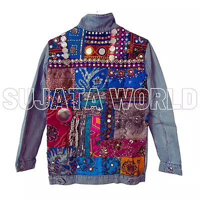 Buy Articled Denim Jacket Vintage Embroidery Banjara Ketch Afgan Ethnic Festival Y2K • 46£