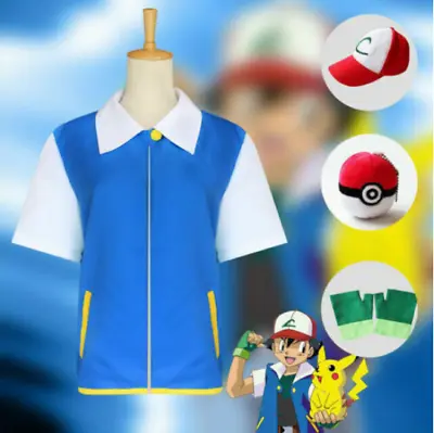 Buy Kids Pokemon Ash Ketchum Trainer Costume Cosplay Shirt Jacket+Gloves+Hat Xmas UK • 16.98£