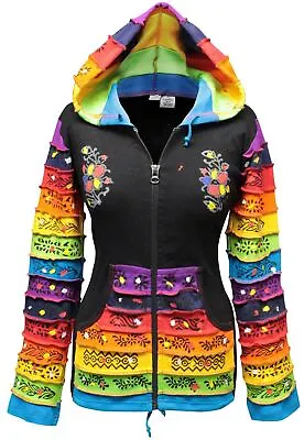 Buy Women Rainbow Sleeved Flower Patch Hippie Hoodie Pixie Festival Jacket • 29.99£