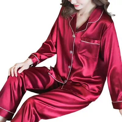 Buy Womens Satin Pyjamas PJs Silk Long Sleeve Shirt Nightie Nightwear Nighty Set PJs • 10.19£