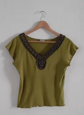 Buy ❤M & S Per Una Size 16 Green V-Neck T-Shirt Top- Crochet & Wooden Bead Neckline❤ • 8.99£