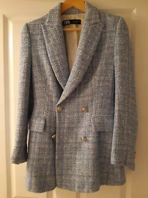 Buy Beautiful Zara Baby Blue Tweed Checked Double Breasted Jacket Coat Blazer 10 • 25.99£