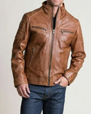 Buy Men's Vintage Biker Motorcycle Distressed Brown Leather Jacket Retro Bomber Coat • 135£
