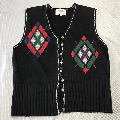 Buy Vintage Susan Bristol New Traditions Sweater Vest Large Black Argyle Lightweight • 13.63£