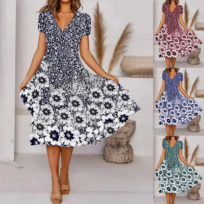 Buy Womens Boho Floral Midi Dress Ladies Short Sleeve Evening Party Swing Dress UK • 3.99£