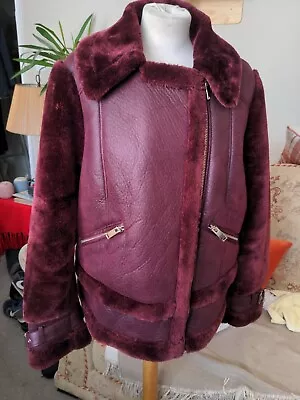 Buy River Island Aviator Jacket In Berry Plum Burgundy With Faux Fur Size 18 • 49£