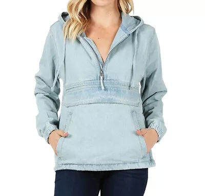Buy Women’s Premium Denim Hoodie Half Zip Pullover Casual Cotton Jean Jacket • 32.70£