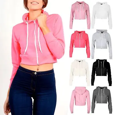 Buy Ladies Womens Long Sleeve Fleece Zipper Crop Hoody Lace Sweatshirt Hooded Top • 6.99£