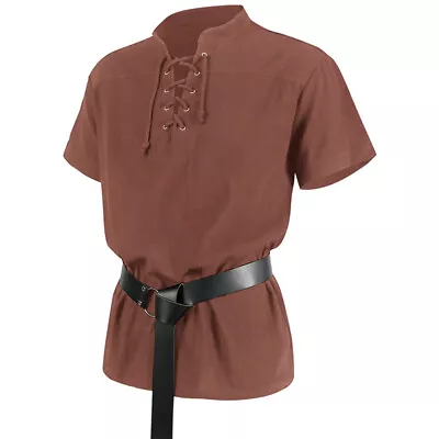 Buy Men Short Sleeve Medieval Shirt Gothic V-neck Lace Up T-shirts Casual Shirt • 12.64£