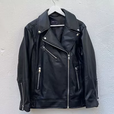 Buy M & S Collection Biker Jacket Womens 10 Black Faux Leather Full Zip Retro Rocker • 22.99£