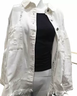 Buy Womens Denim Size 10-12 Jacket BNWT Oversized Collared Ripped Pockets Winter • 12.99£