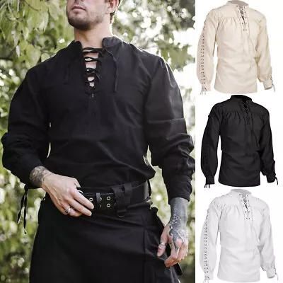Buy Retro Men Gothic Shirt Top Victorian Medieval Ruffle Pirate Puff Sleeve Bandage • 5.89£