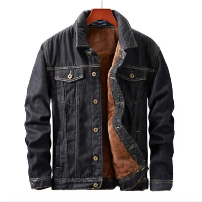 Buy Men Fleece Lined Winter Warm Jean Coat Trucker Denim Jacket Lapel Collar Buttons • 38.57£