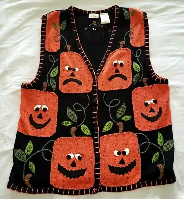 Buy Halloween Sweater Vest Large Pumpkins Beaded Embroidered Jack O Lanterns Black • 28.94£