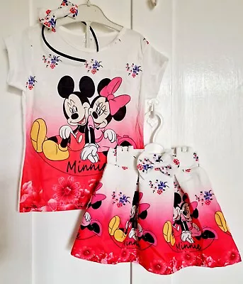 Buy Minnie And Mickey Girl Oufit Set Skirt T-shirt Bow Hair Band Age 9-10 Years  • 11.99£