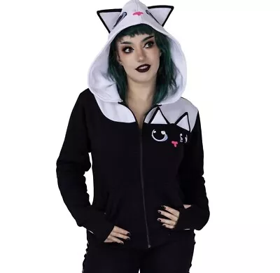Buy Cupcake Cult Kitty Good Black White Cat Hoodie Goth Emo Scene Y2K Jacket Alt XL • 49.99£