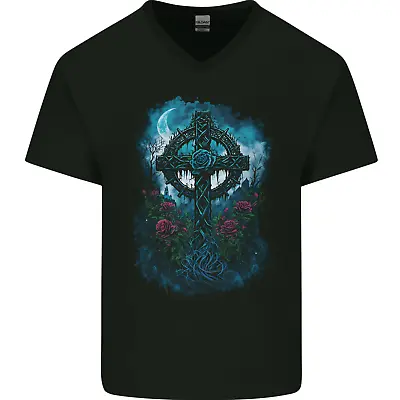 Buy Celtic Cross In A Gothic Graveyard Mens V-Neck Cotton T-Shirt • 9.99£