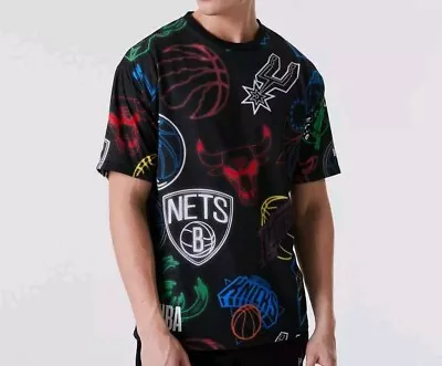 Buy New Era Mens T Shirt. Nba All Over Print Neonblack Short Sleeved Cotton Top Tee • 24.99£