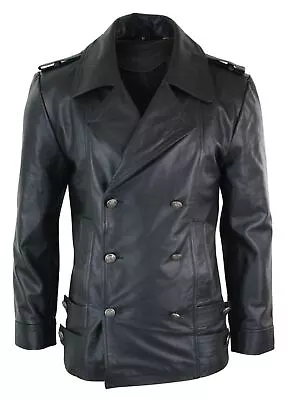 Buy Mens Mid Length Sailors Marine Goth Punk Double Breasted Real Leather Jacket • 170.49£