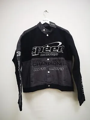 Buy BoohooMan Graphic Denim Biker Jacket • 9.60£