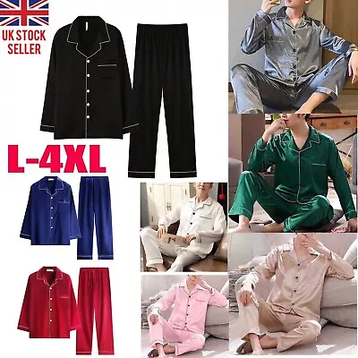 Buy Mens Silk Satin Pajamas Pyjamas PJs Set Long Sleeve Shirt Tops + Pants Sleepwear • 11.35£