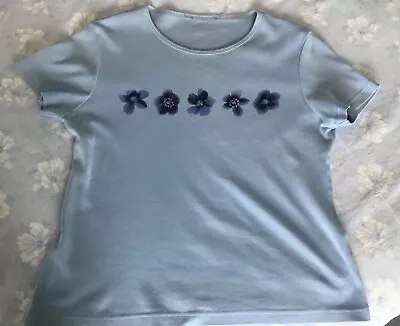 Buy Light Blue Cotton S/s Tshirt With 5 Beaded Flowers Motif At Front. 38” Bust. VGC • 4£