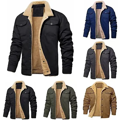 Buy Mens Fleece Lined Cargo Jacket Warm Coat Trucker Sherpa Fur Collar Lapel Outwear • 29.99£