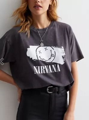 Buy New Look Dark Grey Acid Wash Cotton Nirvana Logo Oversized T-Shirt Size 12 • 8.50£