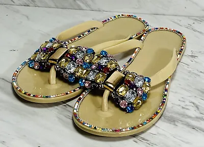 Buy Crystal Flip-Flops Big Diamond Lady Slippers Beige Sz 7 New • 22.39£