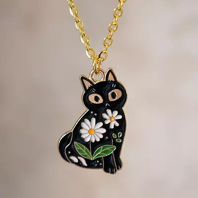 Buy Black Cat Necklace, Cool Unusual Floral Gold And Enamel Cat Fashion Jewellery • 5.39£