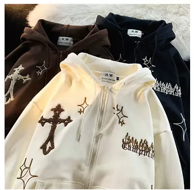 Buy Y2k Oversized Hoodies Retro Hip Hop Jacket Gothic Embroidery Zip Up Sweatshirt ~ • 23.82£