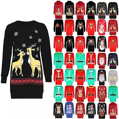 Buy Womens Christmas Sweatshirt Ladies Xmas Two Reindeer Knit Long Dress Jumper Top • 12.49£