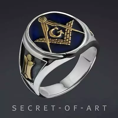 Buy Masonic Ring Silver 925 Freemason Blue Lodge Jewelry Mens Gold-Plated Size 8-13 • 153.44£