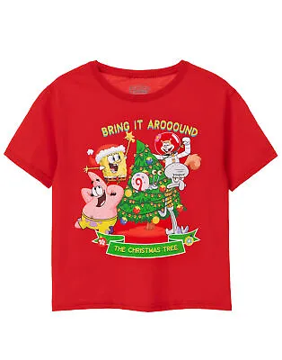 Buy SpongeBob SquarePants Kids Christmas T-Shirt | Red Short Sleeved Xmas Tree Tee • 10.95£