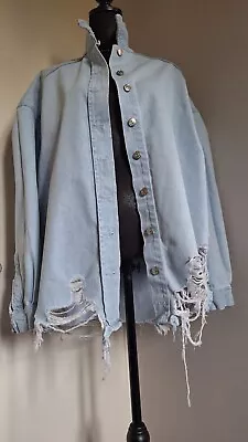 Buy Zara Ladies Size M Oversized Denim Distressed Shirt Jacket Pale Blue • 29£