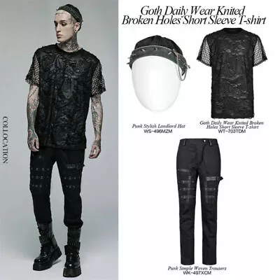 Buy PUNK RAVE Men Goth Daily Knited Broken Holes Splices Mesh Short Sleeve T-shirt • 48.18£