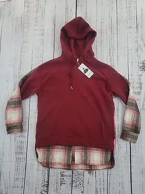 Buy NWT Angashion 90s Style Plaid Panel Maroon Pullover Hoodie Top Women's S  • 14.25£