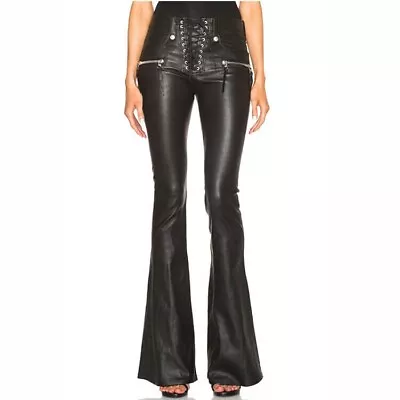 Buy Punk Black Casual Genuine Pant Soft Handmade Genuine Leather Flare Pant Trousers • 127.88£