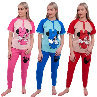 Buy Womens Ladies Pyjamas PJ Top Bottom Set Loungewear Cotton Minnie Mouse Size 6-22 • 11.99£