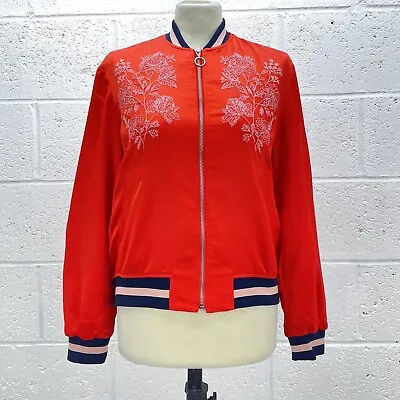 Buy H&m Red Baseball Jacket Embroidery Floral Lined Zip Up Cuffed Uk Size Xs • 14.99£
