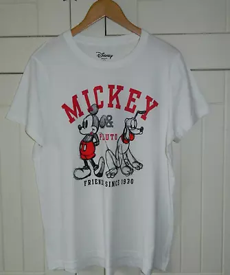 Buy Primark Disney X Ladies Mickey Mouse & Pluto White Cotton T-Shirt Size UK 14-16 • 9£