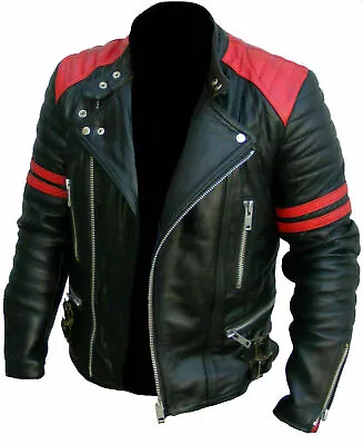 Buy Men's Brando Classic Biker Red And Black Vintage Motorcycle Real Leather Jacket • 25£